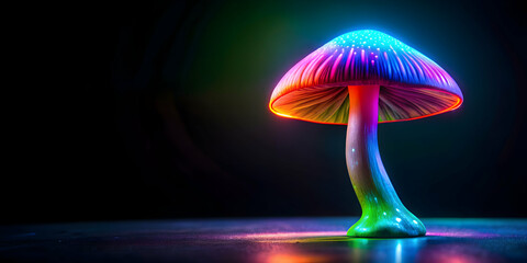 Fototapeta na wymiar Vibrant neon-colored fictional mushroom against a black background, Fungi, Neon, Colorful, Psychedelic, Fantasy, Glowing, Vibrant