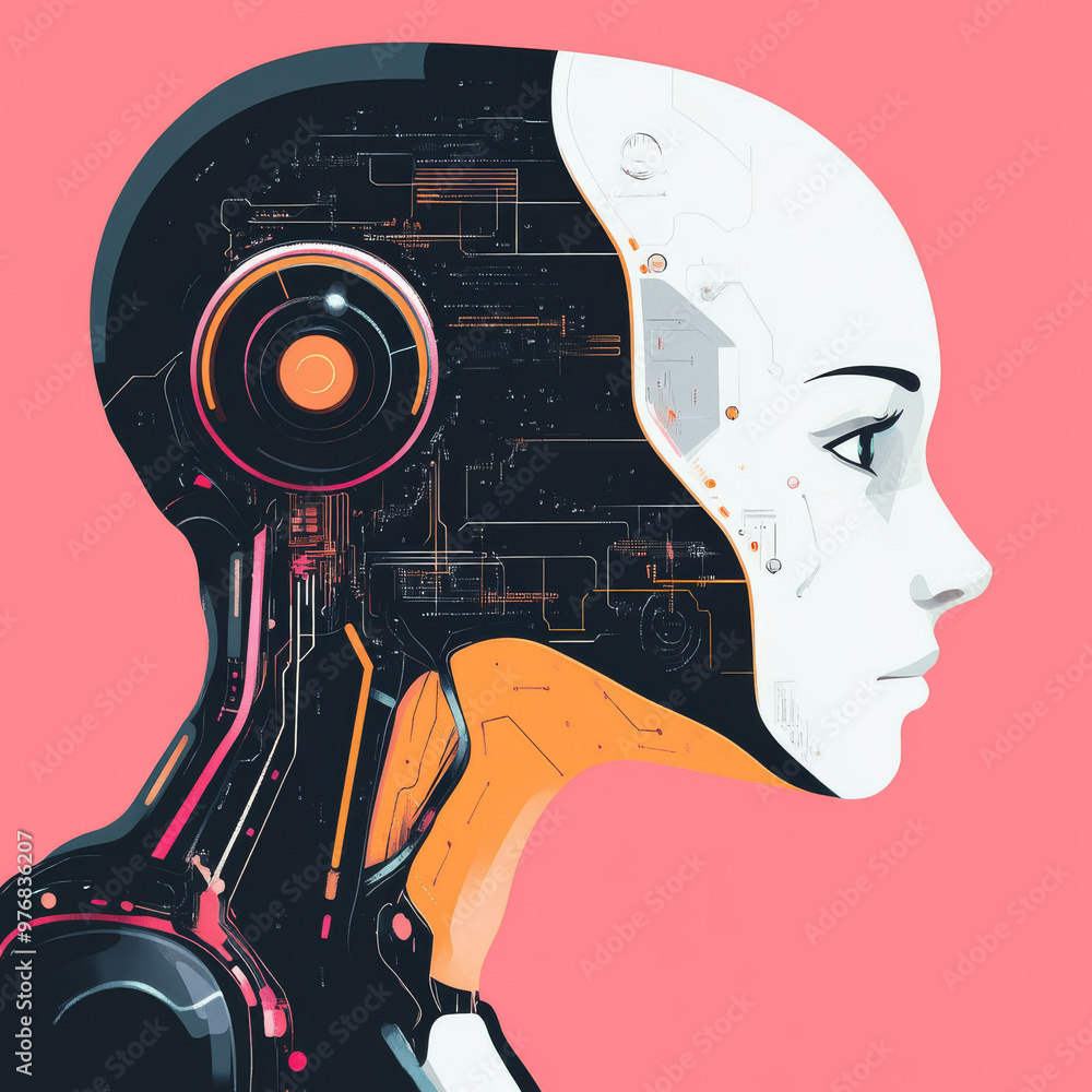 Poster background concept of artificial intelligence featuring an assistant robot, machine learning, and a 