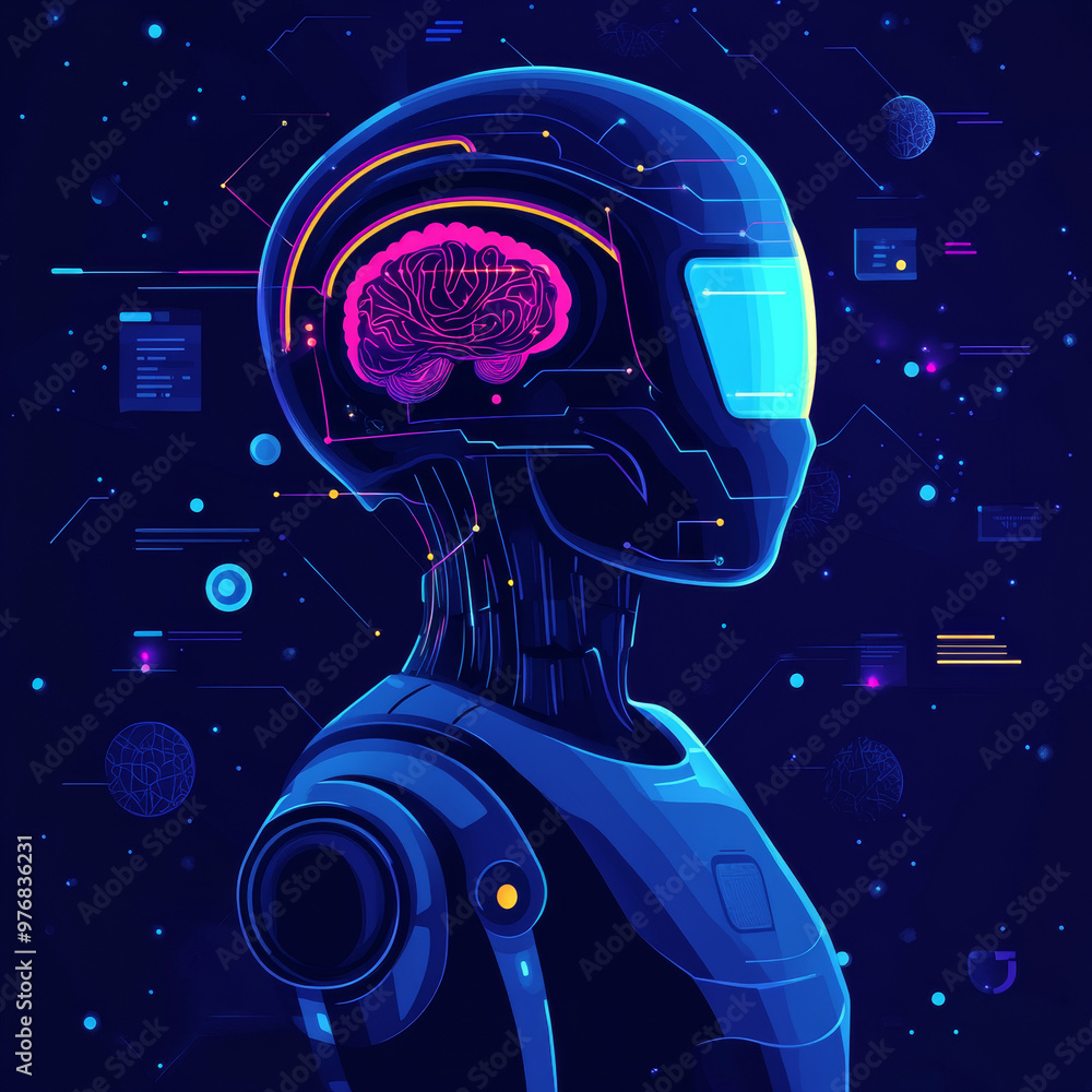 Poster background concept of artificial intelligence featuring an assistant robot, machine learning, and a 