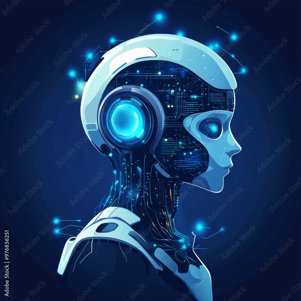 Poster background concept of artificial intelligence featuring an assistant robot, machine learning, and a 