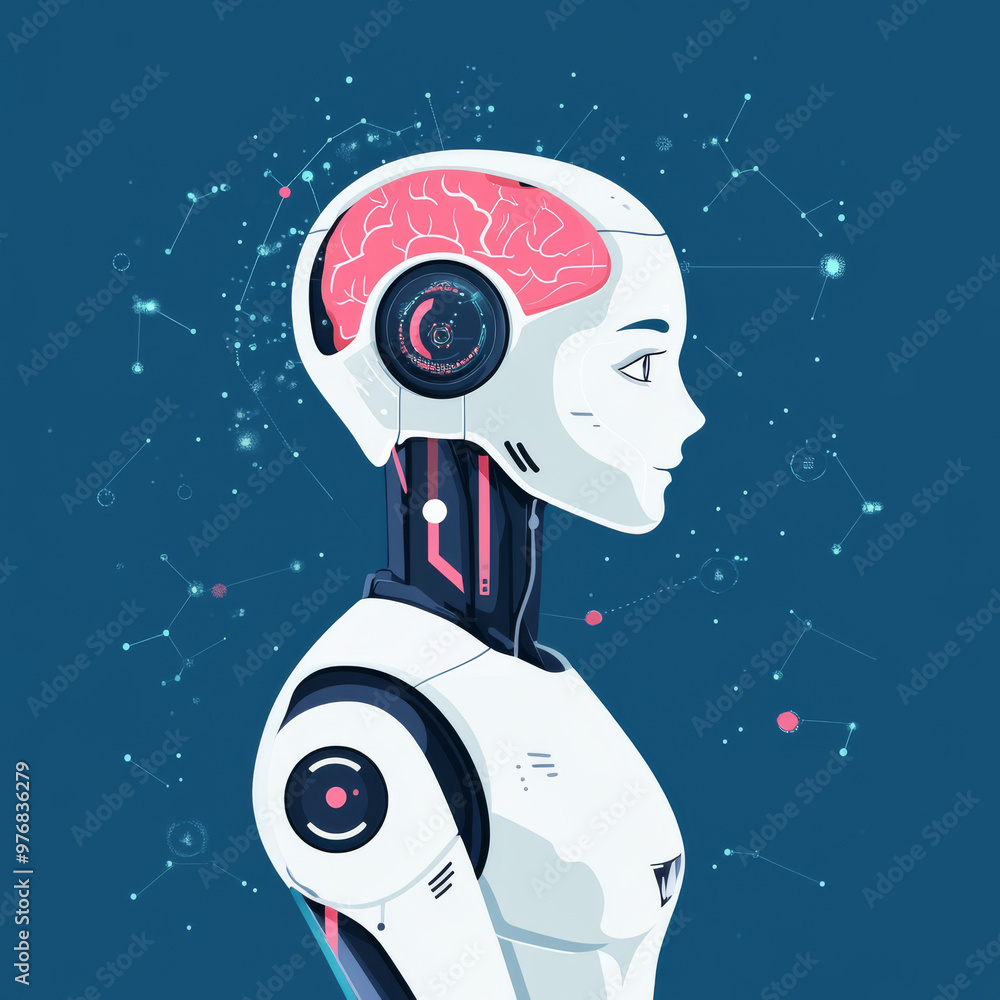 Poster background concept of artificial intelligence featuring an assistant robot, machine learning, and a 