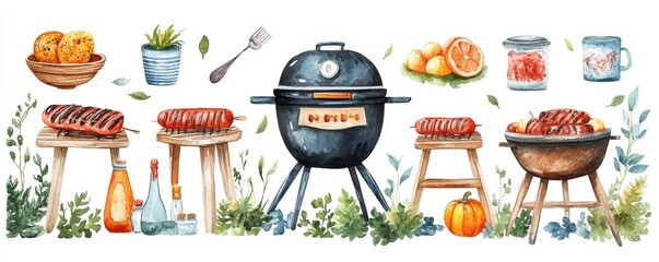 Playful Watercolor Barbecue and Grilling Illustrations for Stickers and Digital Projects