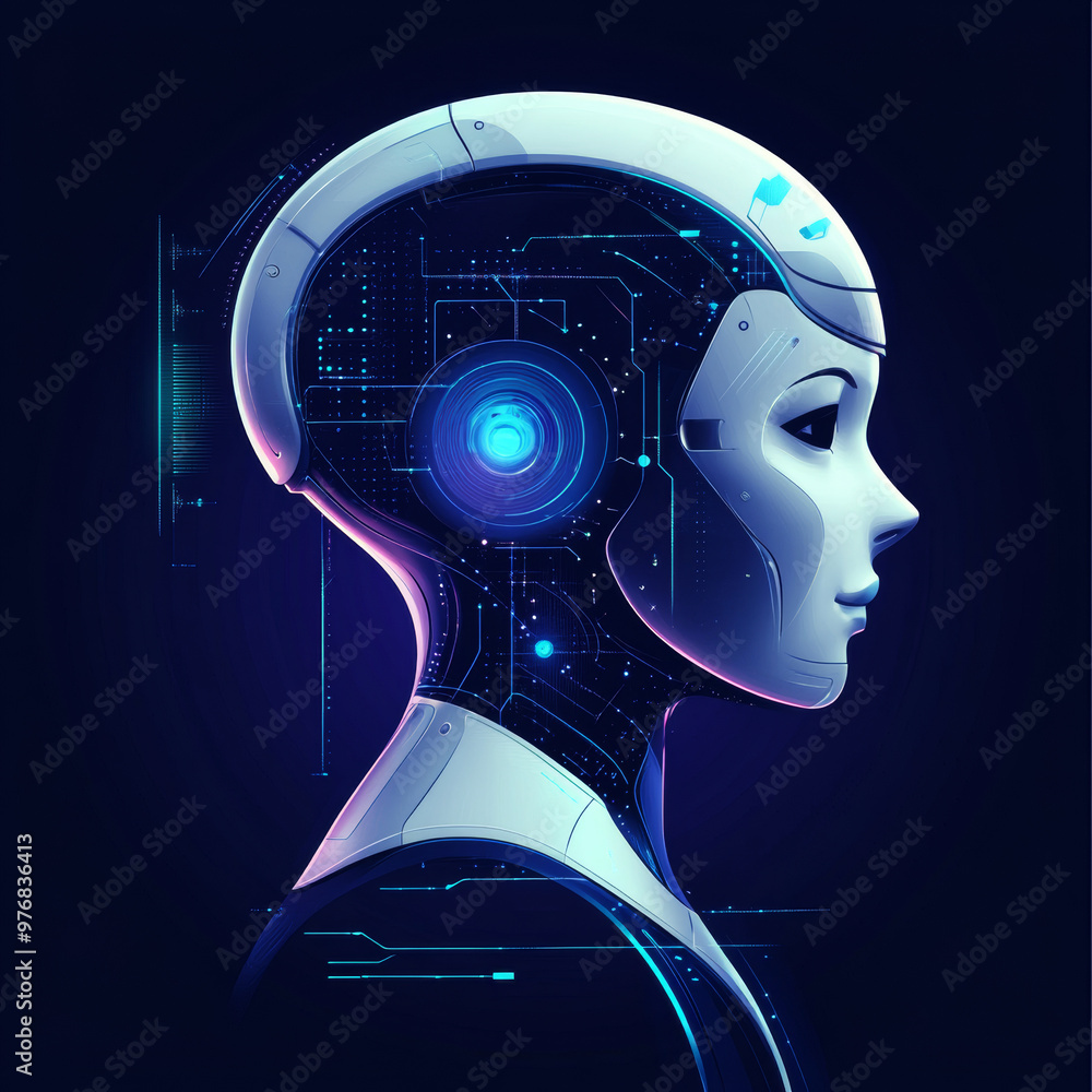 Poster background concept of artificial intelligence featuring an assistant robot, machine learning, and a 