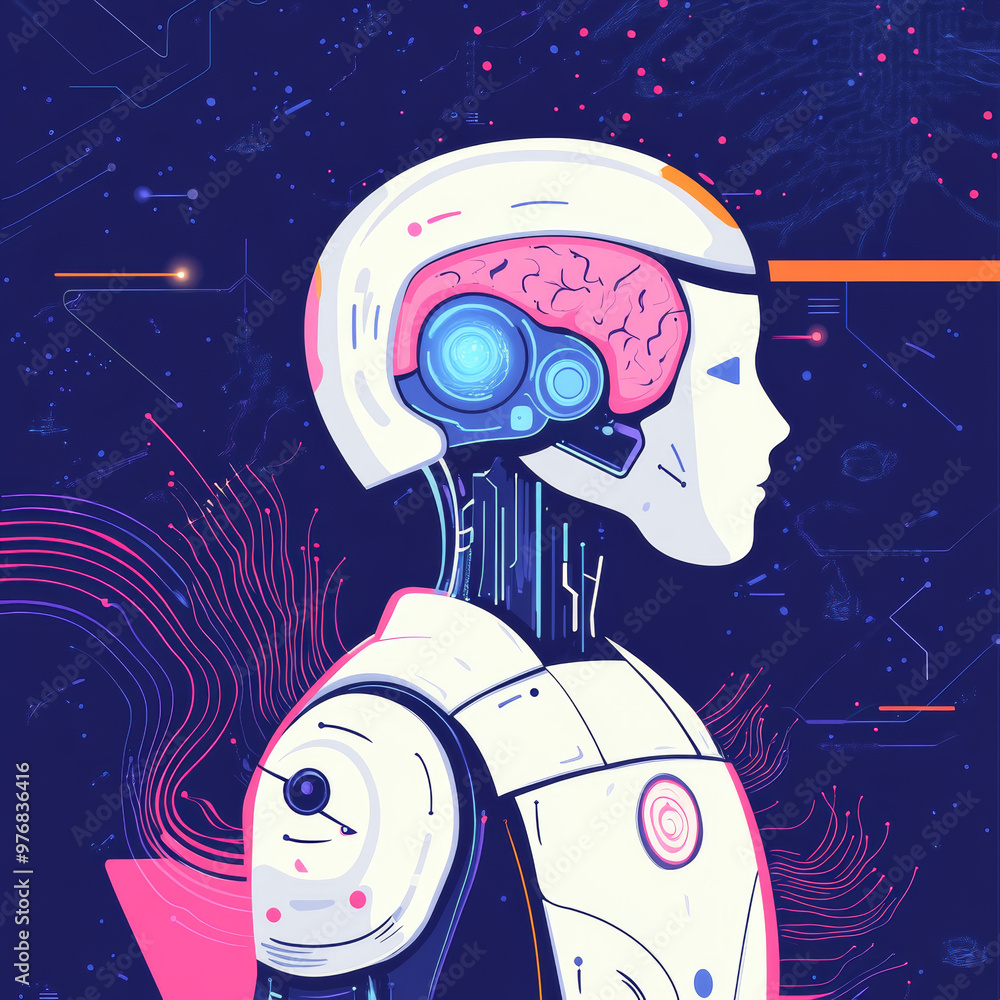 Poster background concept of artificial intelligence featuring an assistant robot, machine learning, and a 