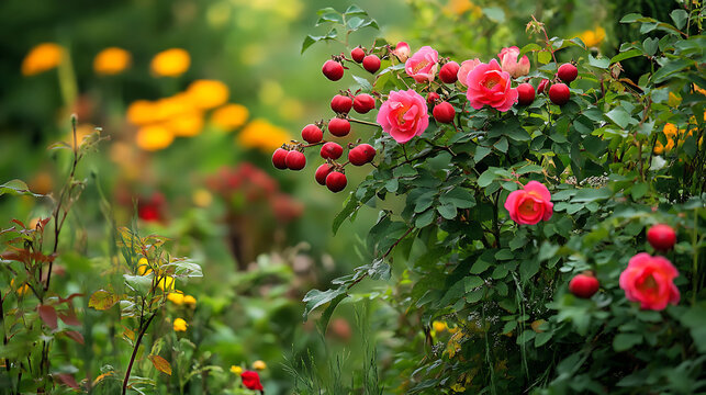A wild rose bush with edible rose hips in full bloom, surrounded by other native plants 