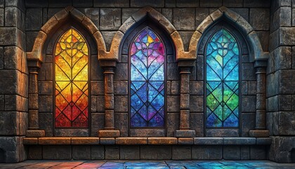 Fototapeta premium Enchanting Symmetrical Stone Wall with Vibrant Stained Glass Windows and Electric Blue Accents, Ideal for Event DÃ©cor
