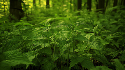 Obraz premium Wild nettle plants in a dense forest area, known for their edible and medicinal properties 