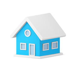 Traditional cozy Christmas tree decor blue private house with white roof isometric realistic decorative toy vector illustration. Cosiness Xmas magic bauble countryside cottage with window and door