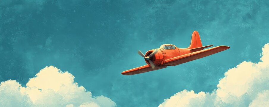 Playful Cartoon Airplane Soaring in Whimsical Blue Sky - Joyful 2D Design Evoking Childlike Freedom and Adventure