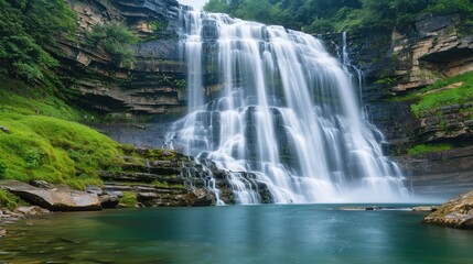 Obraz premium Serene Waterfall Postcard Scene, a tranquil cascade surrounded by lush greenery, inviting reflections on nature's beauty and moments of peace, perfect for heartfelt messages.