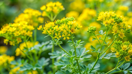 Yellow flowers of the Common rue plant in a garden setting, Ruta graveolens