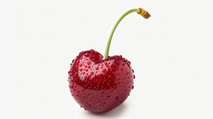 Glistening Cherry Delight, vibrant red cherry adorned with fresh droplets, set against a clear backdrop, embodies the essence of sweetness and temptation in nature's bounty