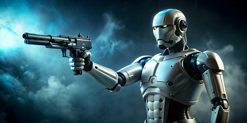 Humanoid robot holding a gun in a threatening stance towards an enemy, robot, android, artificial intelligence