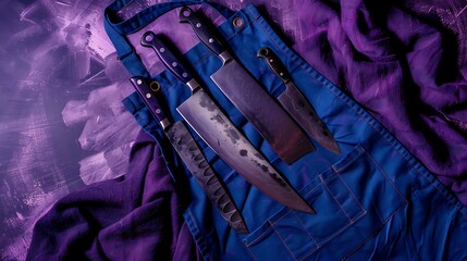 Obraz premium On a purple floor an alloy a knives and blue apron are tied