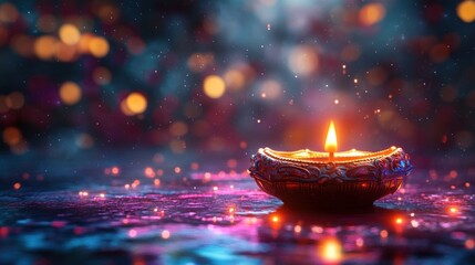 A lit diya candle with a warm glow and a bokeh background.