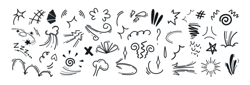 Anime emotion effects set. Line movement elements, comic emotive symbols. Hand drawn cute doodle emphasis, expression signs, action lines, exclamation marks. Manga cartoon boom explode, bomb explosion