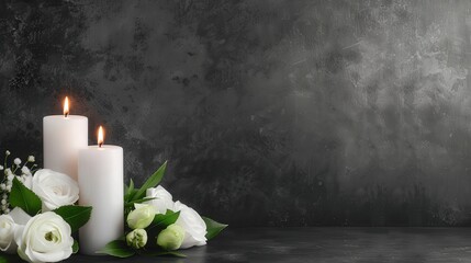 Elegant memorial scene featuring white candles and delicate flowers against a deep black backdrop, creating a serene atmosphere for honoring loved ones.