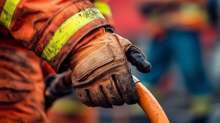 Close-up candid shot of a firefighters hand reaching for the hose, captured as they prepare for the next stage of their mission