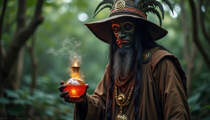 Classic Witch Doctor in Tribal Mask and Traditional Attire Holding a Potion in a Mysterious Jungle Setting