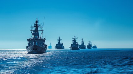 Fototapeta premium Depict a fleet of navy ships in formation on the open sea, with a clear blue sky, calm waters, and a strong sense of naval power and coordination.
