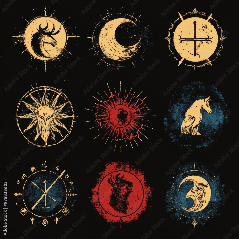 Wall mural mystical grunge symbols set