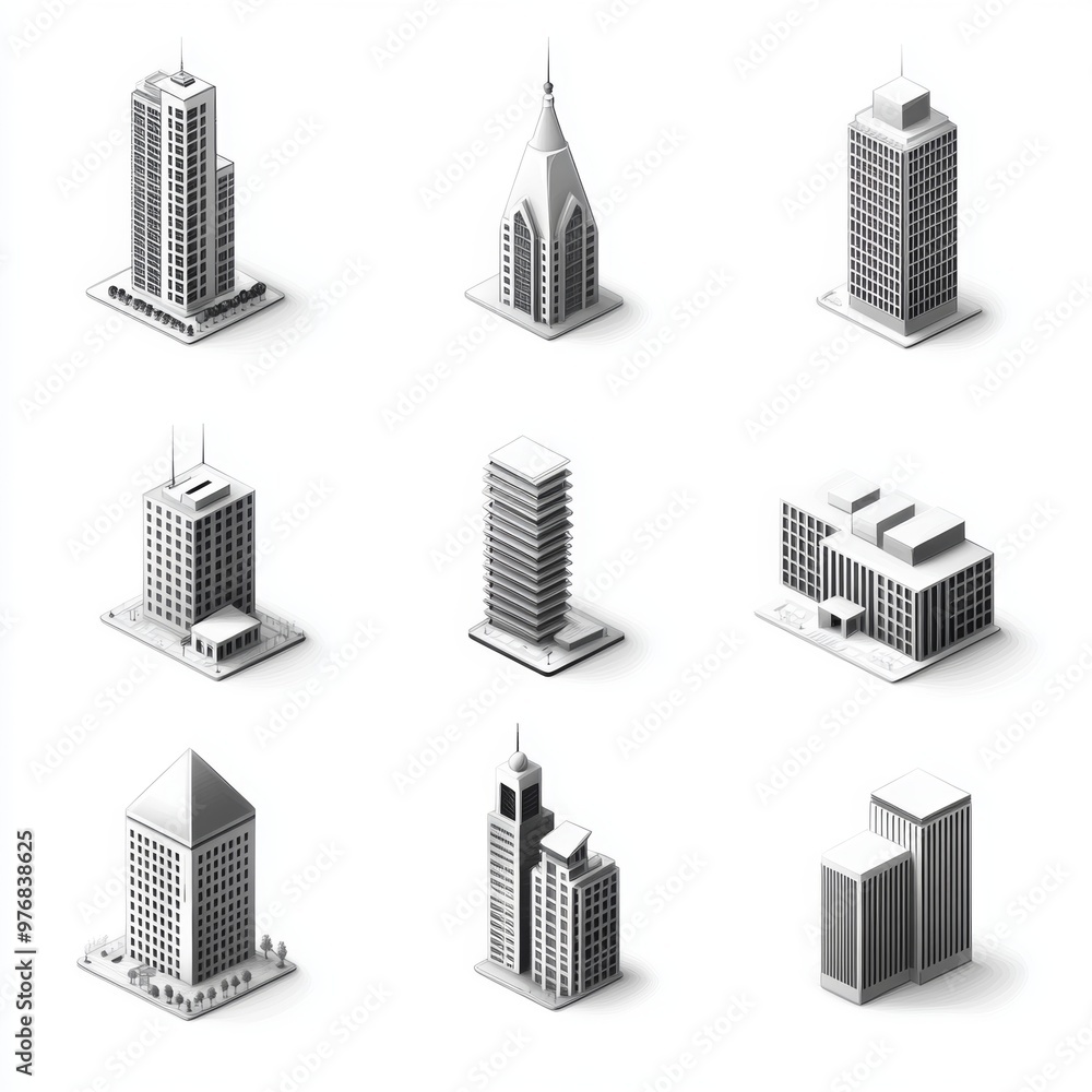 Aufkleber isometric building icons set modern architecture design sketch