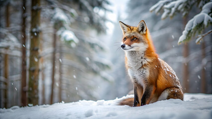 Fox sitting in snow covered forest, fox, snow, winter, cold, animal, nature, wild, woodland, white, fluffy, serene