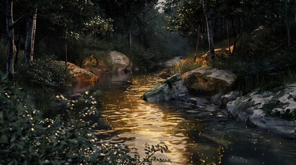 Obraz premium A quiet stream glows softly in the humid dusk lighting