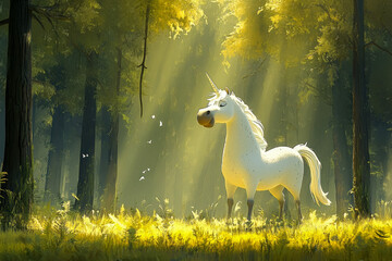 Cartoon Unicorn.  Generated image.  A digital illustration of a happy cartoon unicorn in the forest.