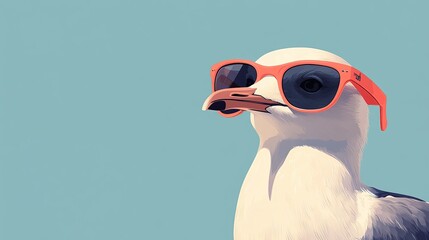 A minimalist illustration of a seagull wearing trendy sunglasses, blending the carefree nature of coastal birds with modern fashion elements, rendered in a simple yet stylish design.