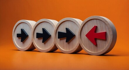 Four circular wooden blocks with arrows in a row on a bright orange background. symbolizing opposition or divergence, Resistance to change. Opposition and conflict in business.
