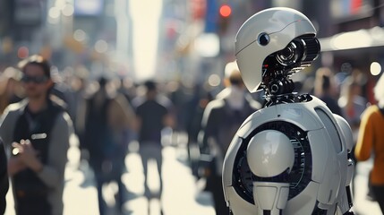 Humanoid Robot: A humanoid robot interacting with people in a busy urban environment, seamlessly blending in. 
