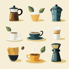 Coffee Set Illustration   Vintage Style Coffee Pots  Cups and Beans