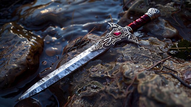 On a riverside a silver dagger with a maroon ring