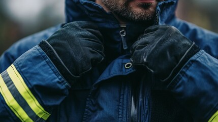 Fototapeta premium Close-up candid shot of a firefighters gloved hands adjusting their jacket collar, caught in the middle of getting ready for action
