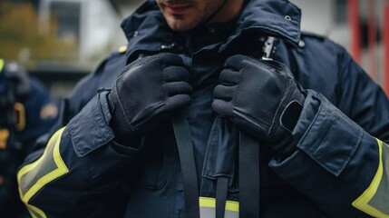 Close-up candid shot of a firefighters gloved hands adjusting their jacket collar, caught in the middle of getting ready for action