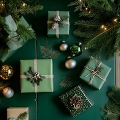 Christmas gifts on a green table