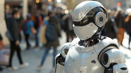 Fototapeta premium Humanoid Robot: A humanoid robot interacting with people in a busy urban environment, seamlessly blending in. 