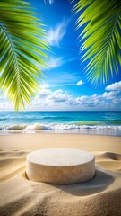 a white podium on a beach with a palm tree in the background.