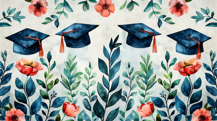 Colorful Graduation Caps and Floral Designs in a Cheerful Background for Celebration