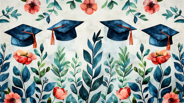 Colorful Graduation Caps and Floral Designs in a Cheerful Background for Celebration