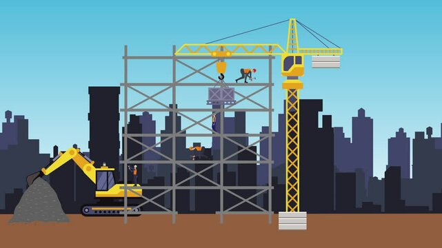 Working construction team at edge of the city cartoon animation