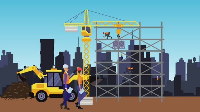 Working construction team at edge of the city cartoon animation