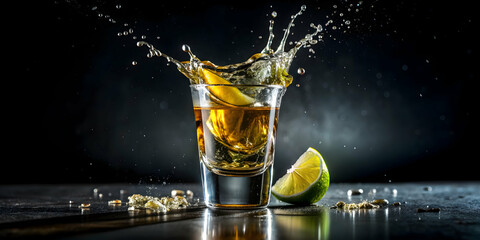 Glass shot of tequila making toast with splash isolated on background, tequila, shot glass, drink, alcohol, celebration, toast
