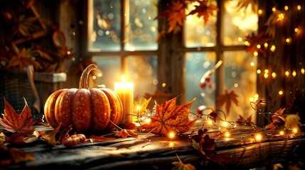 Autumn decoration with a pumpkin, colorful leaves, and a glowing candle on a rustic wooden table