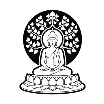 Black line shape buddha meditation sit on lotus in circle with bodhi tree vector design
