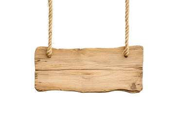 Wooden signboard hanging with ropes, blank for customization