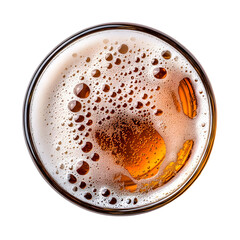 Top view of a frosty glass of amber colored beer with a creamy  foamy head against a transparent background