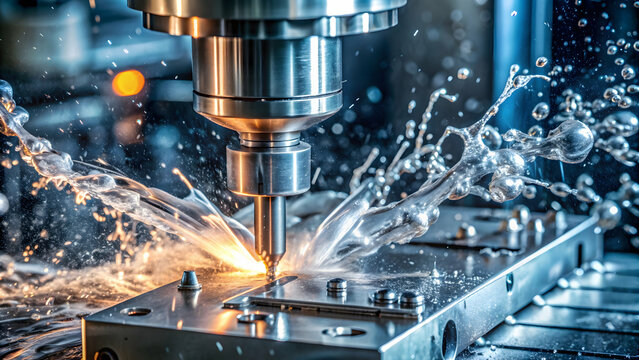 Close-up of vertical CNC steel milling process with water coolant streams, splashes, and metal chips , CNC, steel, milling