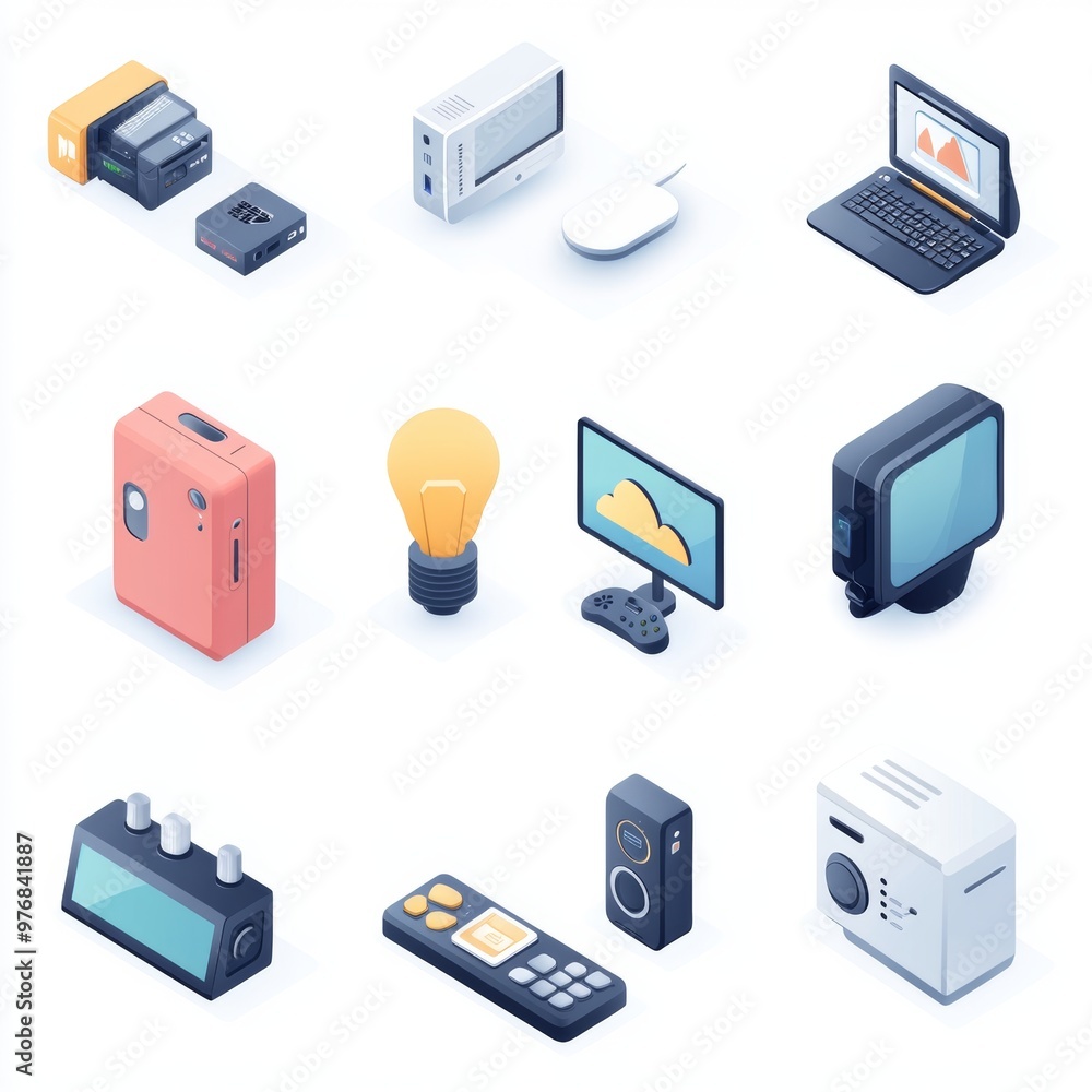 Poster isometric electronics devices set computer tv laptop camera game console smartphone speaker remote c